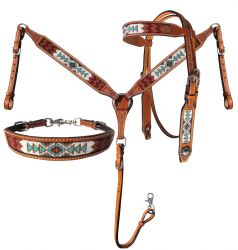 Showman Argentina Cow Leather 3 Piece Headstall and breast collar set with teal and white beaded inlay